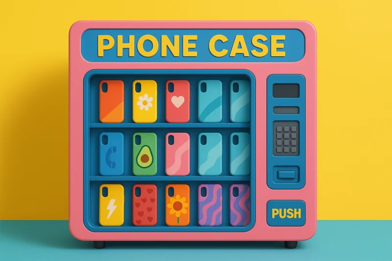 Colorful illustration of phone case vending machine business concept showing profit growth and customer engagement