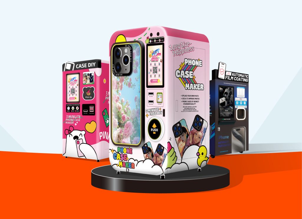 Modern phone case vending machine displaying colorful custom designs and touchscreen interface for DIY personalization
